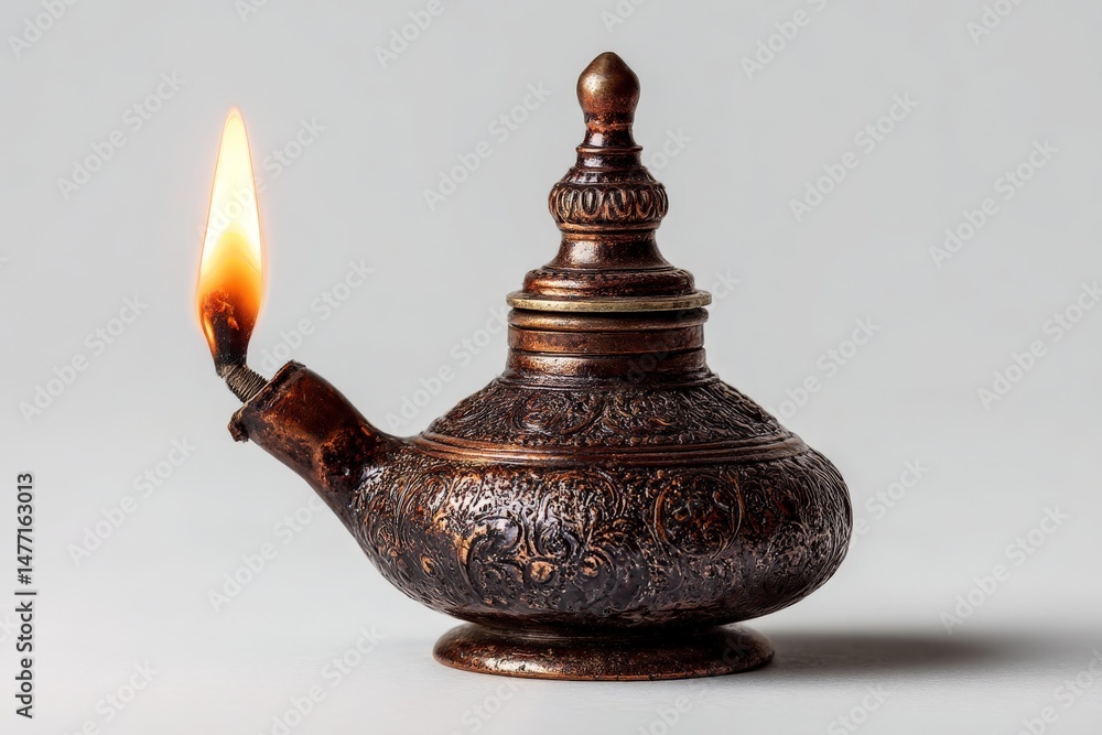 Poster Artisan-crafted oil lamp with intricate designs and flickering flame on display in a minimalist setting