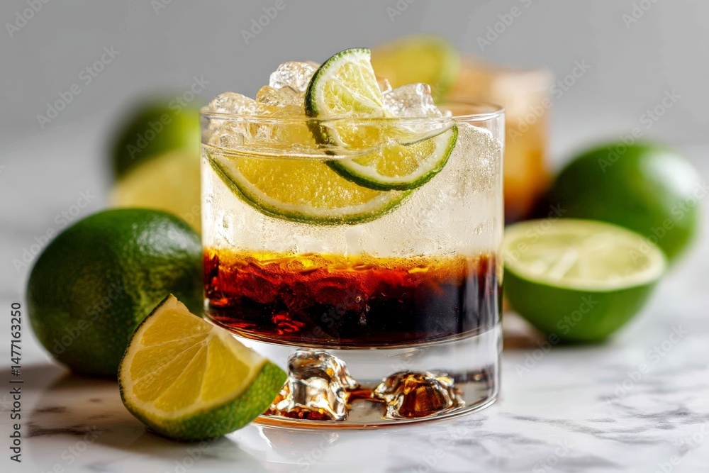 Poster refreshing cocktail with lime and ice served in a clear glass on a marble surface