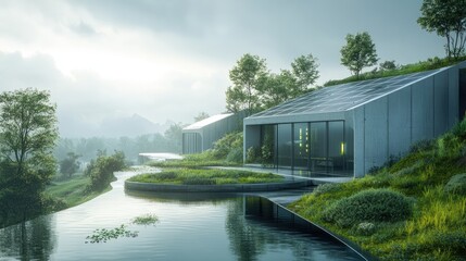 Modern architectural design nestled within a lush landscape.