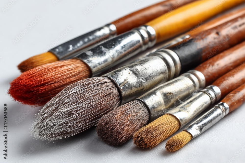 Poster art supplies with various paintbrushes arranged on a clean surface for painting practice and creativ