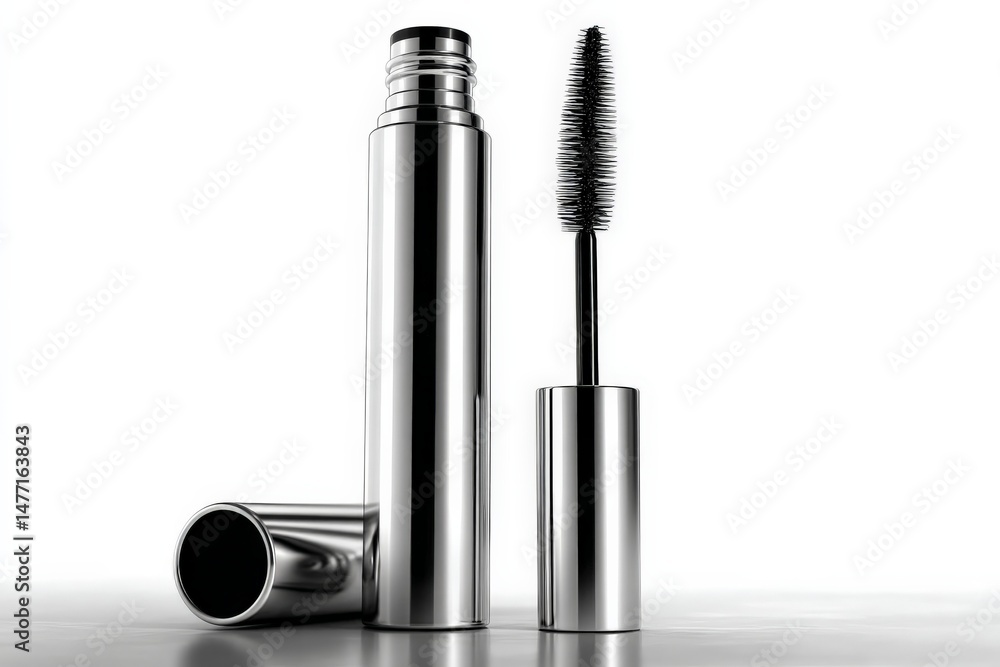 Poster sleek metallic mascara tube with applicator displaying elegant design on reflective surface