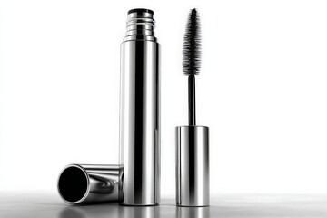 Fototapeta premium Sleek metallic mascara tube with applicator displaying elegant design on reflective surface