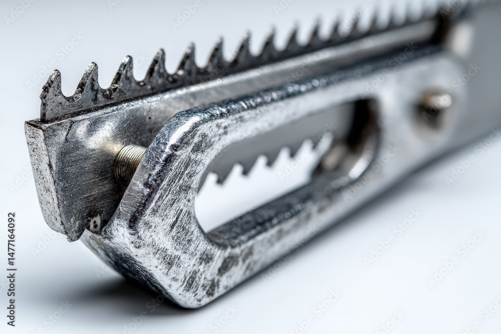 Aufkleber close-up view of a serrated metal hand saw showcasing its sharp teeth and sturdy handle in a worksho