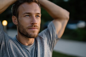 Fototapeta premium A thoughtful man watching the world around him in a serene park setting, reflecting on life's moments while enjoying the beauty of nature and local surroundings.