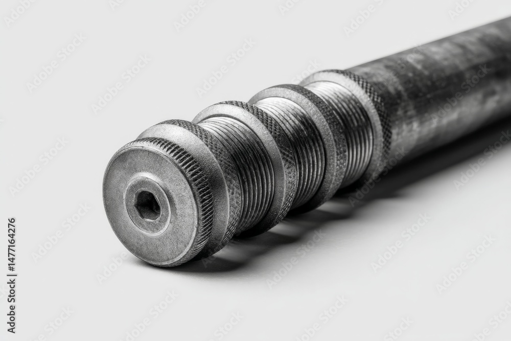 Aufkleber Detailed close-up view of a metallic tool with grooves and a socket, showcasing its craftsmanship and design elements in a neutral setting