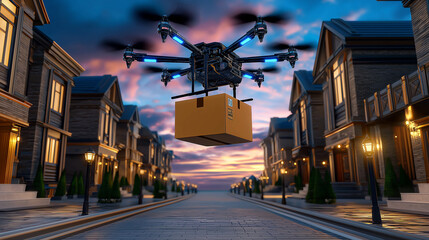 Fototapeta premium Futuristic Drone Delivery in Suburban Neighborhood: Revolutionizing Package Transportation and E-commerce Logistics