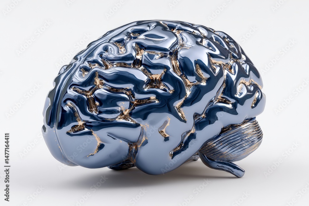Poster Intricate metallic brain sculpture showcasing detailed neural patterns in a modern artistic style