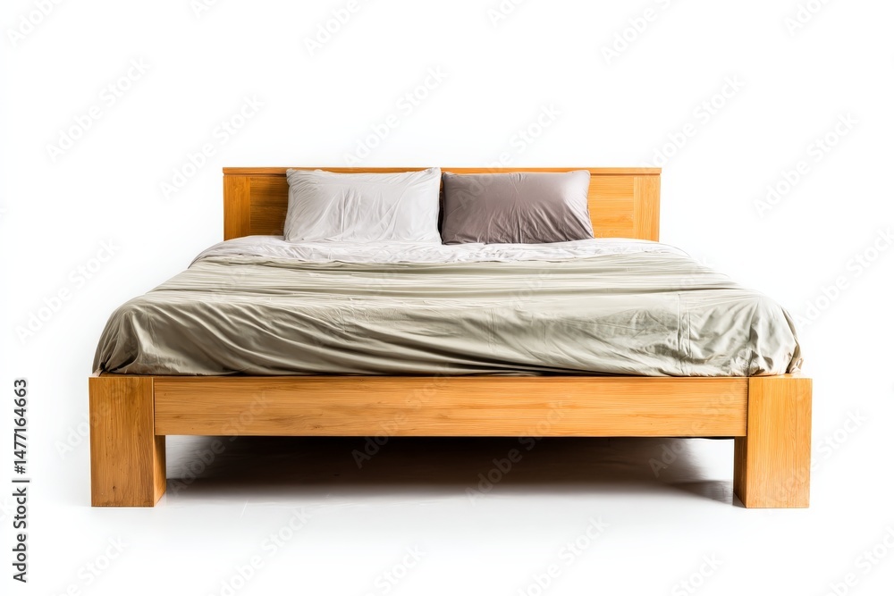 Poster modern wooden bed with neutral bedding in a minimalist setting showcasing a cozy and inviting atmosp