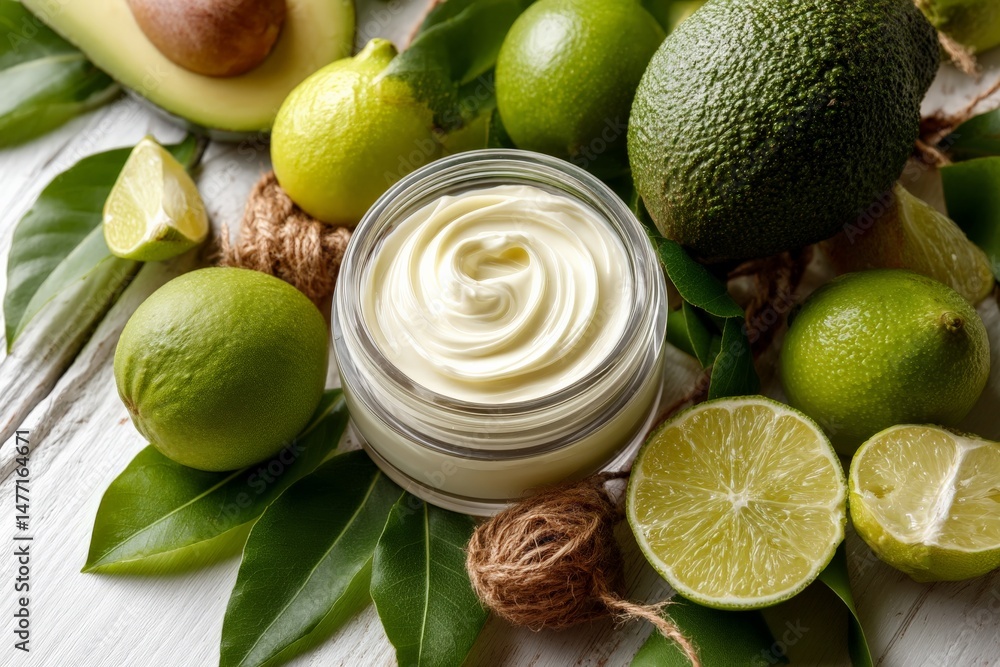 Poster creamy avocado and lime mixture displayed with fresh ingredients on rustic wooden background