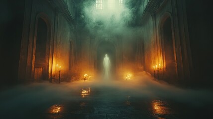 Obraz premium Mysterious, dimly lit cathedral aisle filled with fog and candles