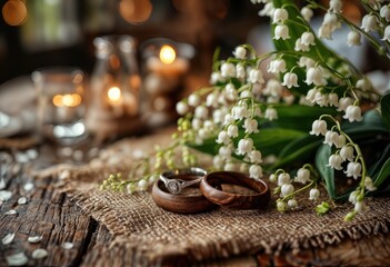 Fototapeta premium a rustic wedding scene featuring two wooden rings nestled amongst delicate lily of the valley and softly glowing candlelight on a weathered wooden surface.