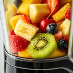 Colorful fruits ready for blending inside transparent blender angled close up shot for fresh smoothie preparation