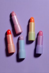 Obraz premium Collection of vibrant lipsticks in pink, orange, red, lavender, and purple shades, displayed on a purple background for beauty inspiration