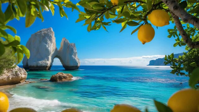 Breathtaking tropical landscape showcasing a blue ocean with vibrant yellow lemons in the foreground.