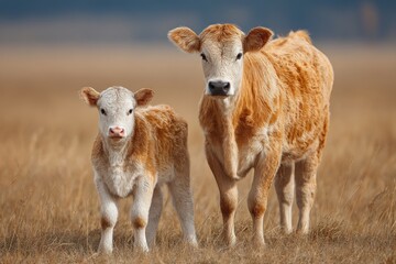 Obraz premium Cow and Calf Standing in Meadow Grassland, Rural Scene, Agriculture, Livestock, Beef Cattle, Mammals, Farm Animals