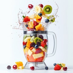 Vibrant fruit splash in blender creates refreshing beverage moment in studio against white background