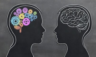 Two silhouettes with gears inside their brains, one representing an adult and the other showing it