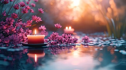 A serene scene with candles and pink flowers reflected in water during a peaceful evening setting