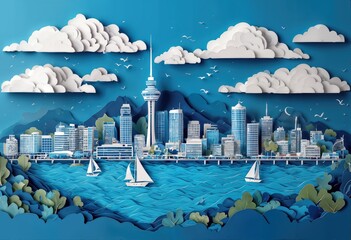 a meticulously crafted paper cut scene depicts auckland's skyline with its iconic skytower rising above a vibrant blue harbor dotted with sailboats and framed by rolling hills and fluffy clouds.