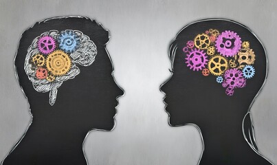 Two silhouettes with gears inside their brains, representing the concept of 'over-corporatized
