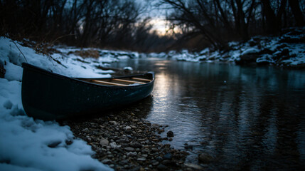 Winter riverside canoe scene.