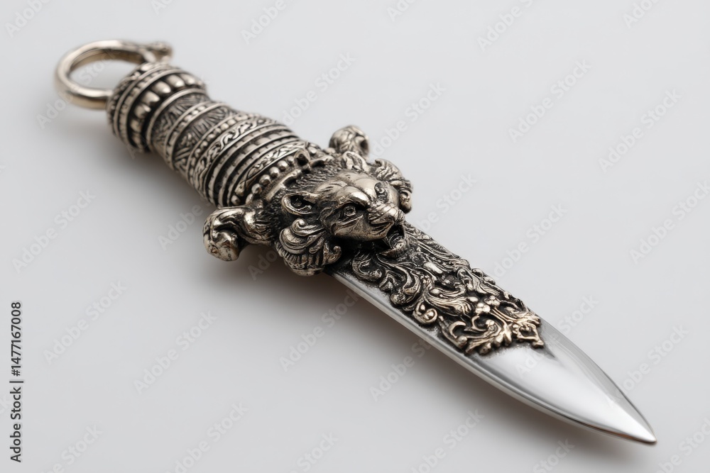 Poster intricately designed lion head dagger with ornate metalwork and a polished blade displayed on a neut