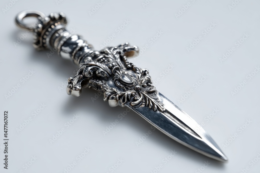 Poster Ornate silver dagger with intricate design displayed on a neutral background highlighting craftsmanship and detail