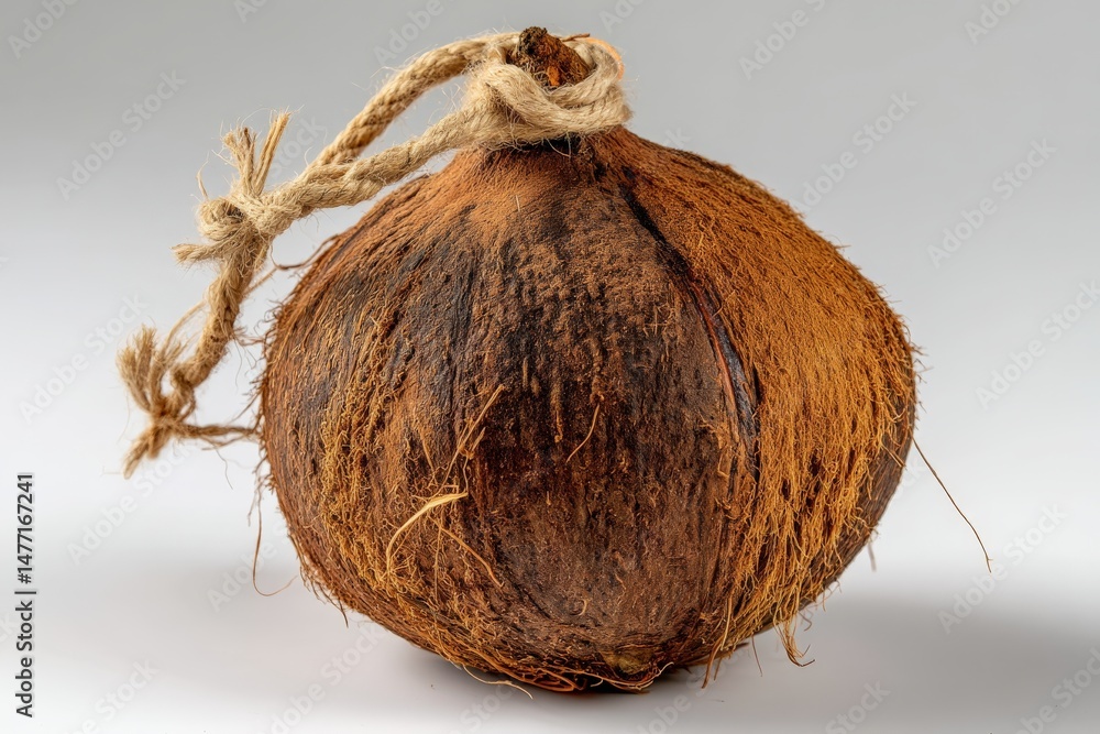 Poster unique coconut with fibrous exterior and rope tied on the top displayed on a plain background