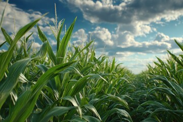 Obraz premium Vibrant field view of lush green corn stalks reaching towards a blue sky with puffy white clouds in summer sunshine