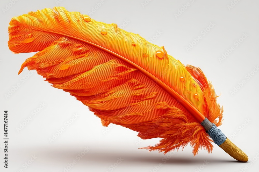 Poster Bright orange feather with water droplets resting on a smooth surface in a minimalist setting