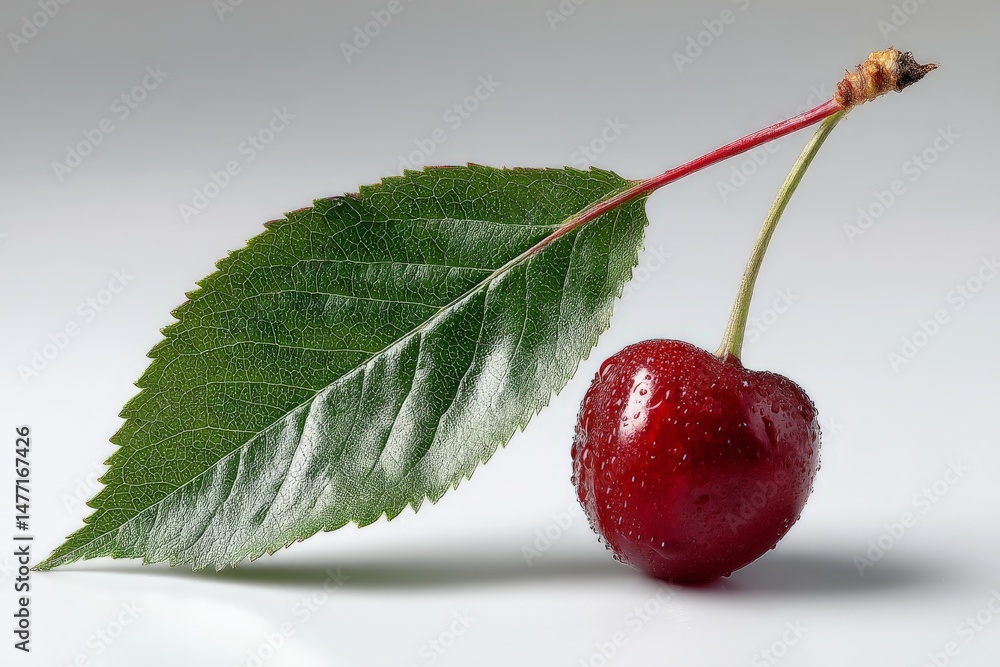 Poster fresh cherry with vibrant green leaf resting on a smooth surface captured in close-up with water dro