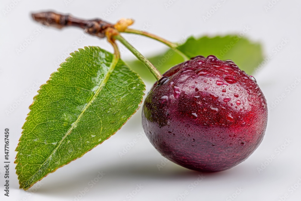 Poster freshly picked cherry with droplets on leaves resting on a plain surface