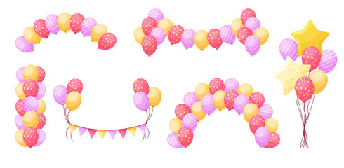 Cartoon birthday balloon garland, arch, column, bouquet, vector set illustration