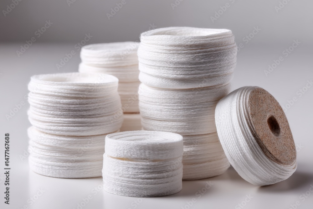 Aufkleber spools of white thread stacked artfully on a clean surface in a well-lit workspace during afternoon 