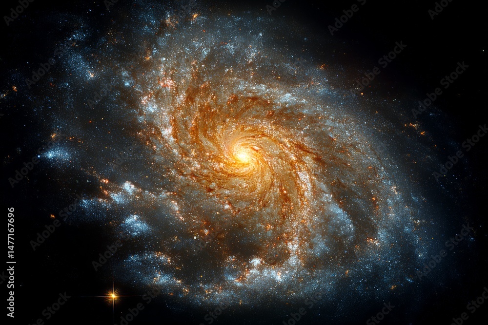 Poster vibrant spiral galaxy showcasing intricate patterns and glowing stars in deep cosmic space