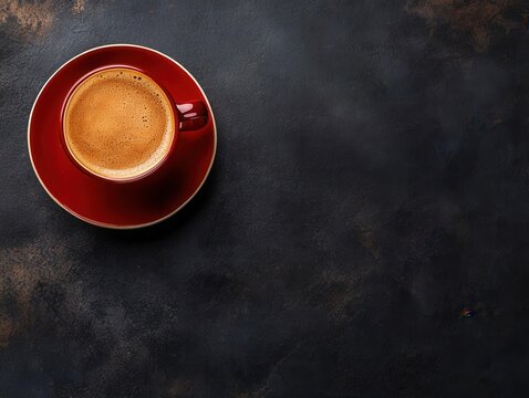 Espresso in red cup top down on dark textured table coffee break concept beverage photography cafe flat lay