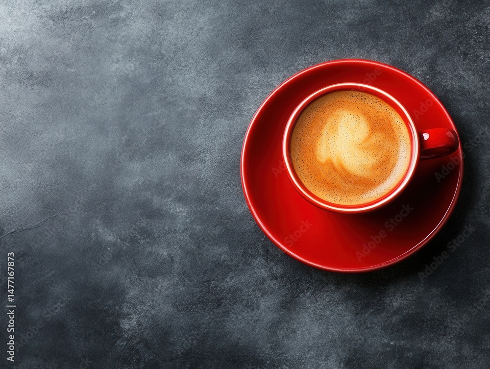 Poster overhead studio shot of cappuccino in vibrant red cup on dark gray textured background with copy spa