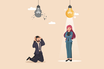 From Broken Idea to Bright Solution Illustration Showing a Frustrated Man Under a Shattered Light Bulb and a Confident Woman Under a Glowing One.