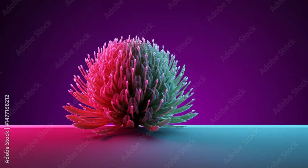 Poster abstract sphere texture with pink and cyan illumination on purple backdrop for modern design