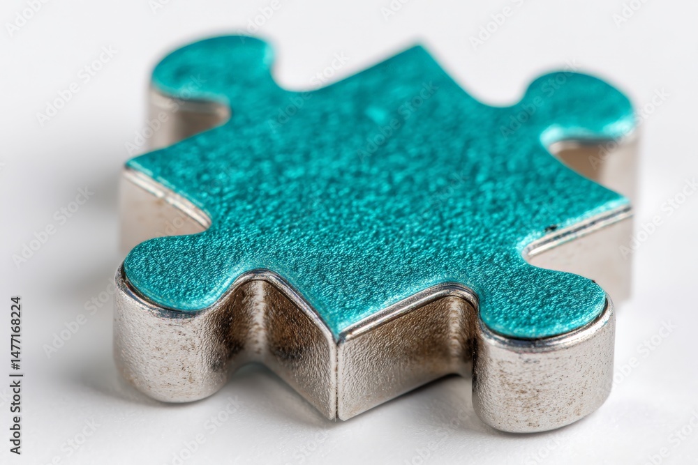Aufkleber Unique turquoise puzzle piece with metallic edges resting on a light background, showcasing its intricate design and texture