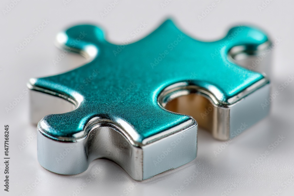 Poster colorful metallic puzzle piece on a white surface showcasing intricate design and vibrant finish for