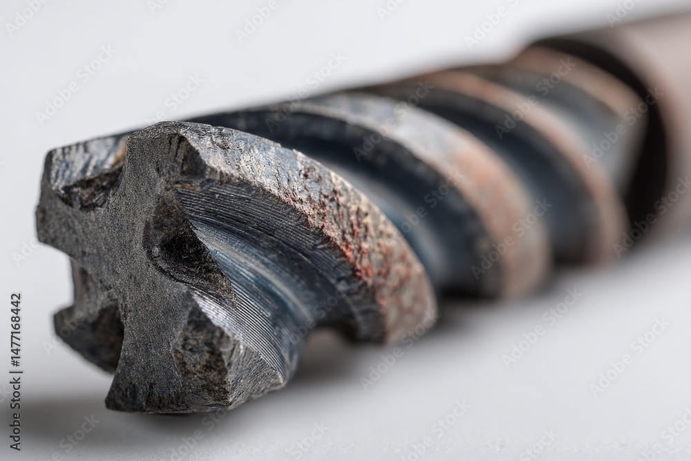 Poster close-up of a metallic drill bit showcasing rust and wear from extensive use in woodworking projects