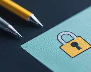 A close-up of two pens next to a paper with a padlock icon, symbolizing security, privacy, and data protection.