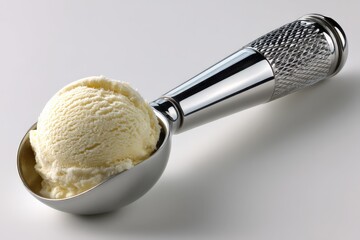 Smooth and creamy vanilla ice cream being served with a metal scoop for dessert enjoyment