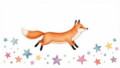 Fototapeta premium Whimsical fox and starry night, a magical wildlife art illustration on white background