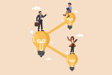 Interconnected Business Ideas and Collaboration  a Illustration Showing Professionals Working on a Network of Glowing Light Bulbs Connected by Idea Flow Lines and sharing idea.