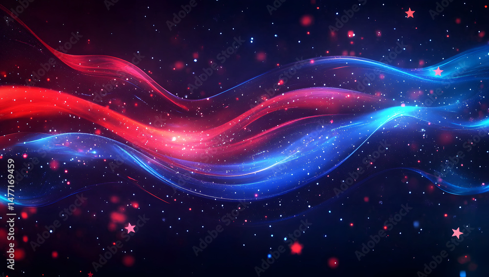 Poster vibrant abstract background featuring dynamic red and blue waves with glowing stars, creating a sens