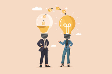 Obraz premium Exchanging and Generating Business Ideas Illustration of Two Business Professionals with Light Bulbs as Heads, One Receiving Ideas and the Other Presenting a Big Idea.
