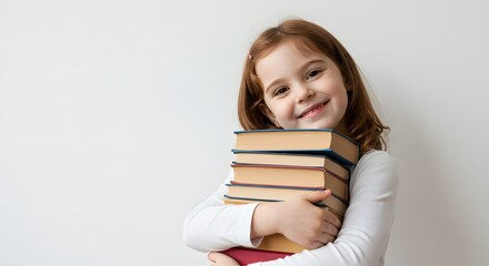 Happy Young Girl with Books Embracing Learning and Education Isolated on White Background Child Carrying Stack of Knowledge Academic Success Concept
