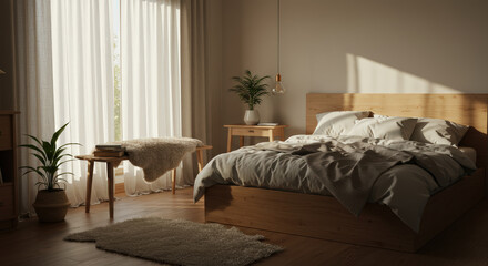 Minimalist Bedroom Interior with Sheer Curtains and Natural Light – Scandinavian Style
